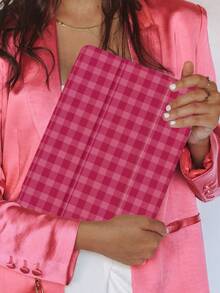 1pc Pink Plaid, Dual-Tone Plaid Pattern Tablet Protective Case With Tri-Fold Stand, Compatible With 10.2", Pro 2021/2020/ (A16) 11", 11th Gen 2025/10th Gen, Galaxy Tab A8 10.5" 2022, Matepad 10.4/Tab, , Anti-Drop, Pen Slot, Sleep/Wake Support, Romantic Valentine's Day Gift - Multicolor - View 3