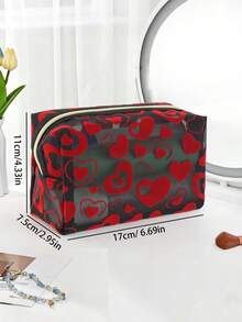 1pc New Heart-Shaped Mesh Cosmetic Bag, Black Minimalist Organizer Pouch, Multi-Functional Toiletry Bag, Suitable For Makeup, Travel, Daily Use - Red - View 8