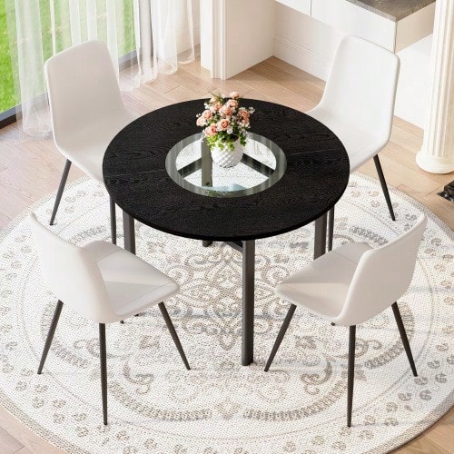Modern Minimalist Round Table Set (With 4 White PU-Material Armchairs And Widened Comfort Seat Cushion), Round Table With 100 Cm Diameter In Black Wood Look, Suitable For Living Room. - Black - View 1