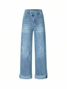 女士休闲直筒修身舒适牛仔裤，饰有猫须细节，中等弹力轻盈牛仔面料，纽扣拉链设计，长款，适合日常穿着，春季款 - 中藍色 - 查看 6