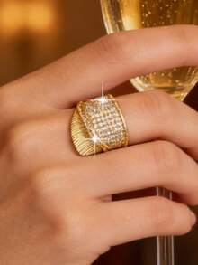 1pc Gorgeous Big Geometry Shiny Cubic Zirconia Wedding Rings,Elegant Romantic Unique Design Adjustable Ring,Suitable For Daily Wear,Engagement Banquets Clothing Jewelry Accessory And Gift - Yellow Gold - View 2