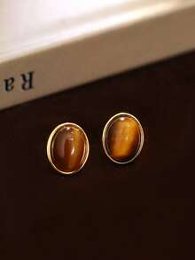 2 Miếng Tinh tế Của phụ nữ Đồ trang sức S925 Bạc nguyên chất Đá chim công Thiết kế Bông tai stud , Retro Nâu Tròn Đá mắt hổ đá Dangle Hoa tai - Vàng - Xem 4