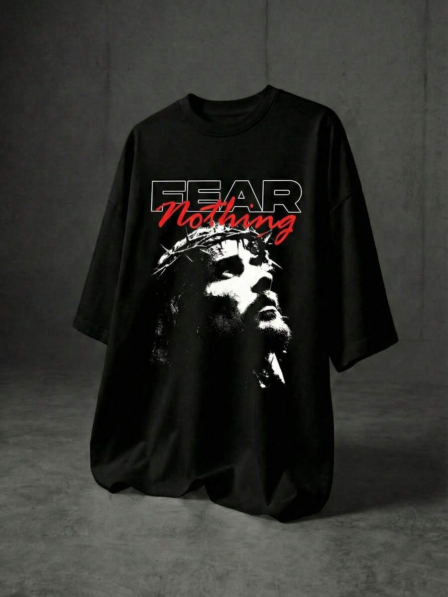 男士夏季休闲街头宗教纹身风格“无所畏惧”耶稣基督图案字母标语黑色T恤 - 黑色 - 查看 1