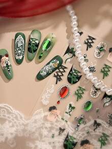 1件法式巴洛克庄园浮雕十字领结绿红宝石白蕾丝哥特风格5D美甲贴纸自粘美甲装饰，适合正式场合和特殊活动美甲贴纸 - 彩色 - 查看 4