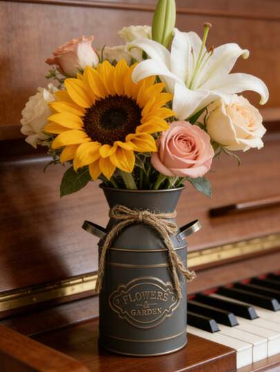 Antique Bronze-Colored Iron Vase Body, Paired With Natural Jute Rope Tie, Vase Body Embossed With "FLOWERS & GARDEN" Marking, Exuding A Sense Of Elegant Heaviness Reminiscent Of European Manor, Suitable For Vintage European, Rustic Chic, And Wabi-Sabi Style Home Decor. The Vintage Embossed Logo And Distressed Metal Texture Complement Each Other, Imbuing The Vase With A Classical Ritualistic Feel, As If It Were A Vintage Treasure Brought Out From A European Manor Greenhouse.