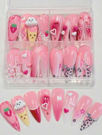 96片装多色长款尖头3D蝴蝶结爱心美甲贴纸，Y2K豹纹亮片水钻假指甲，自然美观且价格实惠的美甲贴