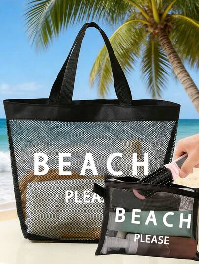 "Beach Please" Mesh Tote Bag Set, Large Capacity Mesh Beach Bag With Portable Makeup Bag, Cosmetic Bag, Reusable Lightweight Fabric Shoulder Bag, Multifunctional Travel Handbag. Suitable For Daily Commuting, Travel, And Holiday Parties,Camping