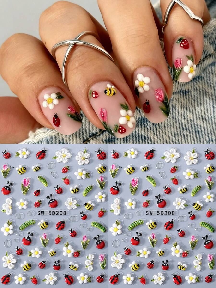 Set de 2 pegatinas de arte de uñas 5D estereoscópicas con abeja, mariquita, margarita, tulipán, hoja verde y enredadera, decoración de uñas DIY para primavera/verano - Multicolor - Ver 1