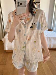 2pcs Casual Cartoon Puppy & Striped Print Lapel Short Sleeve Pajama Set For Women, Summer - 杏色 - 查看 3