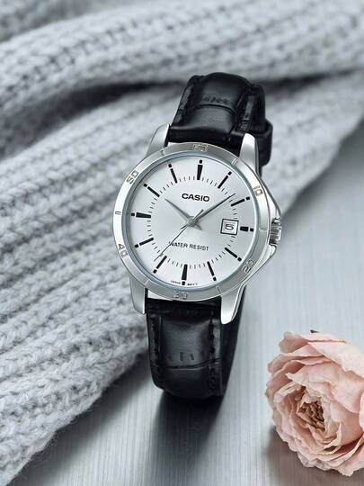 Casio Women's Classic Quartz Watch With Calendar Date Display, Silver Round Dial And Black Textured Leather Strap, Minimalist Business Casual Watch Suitable For Daily Work, Office And Gifts