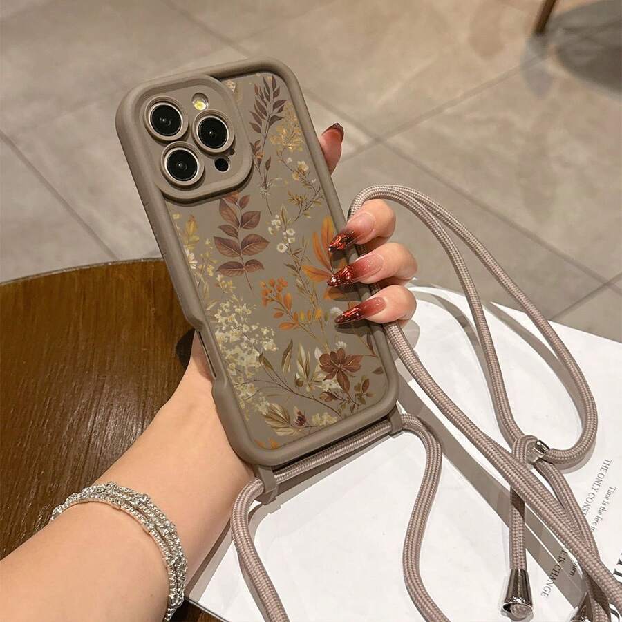 Convenient Lanyard Phone Case With Adjustable Lanyard And Shoulder Strap, Brown Autumn Leaf Design, Lightweight Shockproof TPU Protective Case Compatible With Apple Phones - Brown - View 1