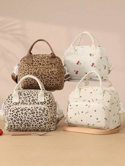 1pc Portable Corduroy Lunch Bag, Large Reusable Insulated Lunch Box, Bento Pouch Dinner Insulation Bag With Shoulder Straps, Student Thickened Cute Lunch Fruit Bag, Easy To Clean, Waterproof And Leak-Proof Interior, Pink Cherries Stars Leopard Print Bag For School Outdoor Picnics