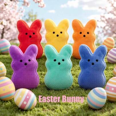6 件套复活节兔子毛绒玩具套装 – 色彩鲜艳的棉花糖兔子，颜色包括红色、黄色、橙色、紫色、蓝绿色和蓝色，长耳朵和黑色眼睛，可作为节日复活节篮子装饰、桌面摆件，男女皆宜，是理想的复活节派对礼物、生日礼物或春季庆祝惊喜。
