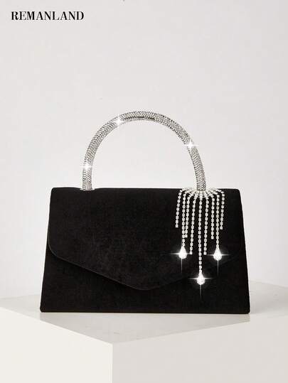 REMANLAND Luxurious And Elegant Black Velvet Handbag With Crystal Tassel, Featuring A Soft Plush Finish, Sparkling Crystal Fringe And Diamond-Encrusted Handle. A Sophisticated Choice For Dinner Parties, Glamorous Galas And Romantic Dates. It Is The Best Gift For Women