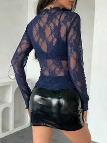 女士透视蕾丝网纱长袖上衣，立领，常规长度度假款 - 寶藍色 - 查看 4