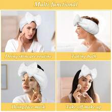 带蝴蝶结的SPA面部化妆头带，柔软毛绒弹力化妆洗脸巾，女士沐浴面膜 - 彩色 - 查看 6
