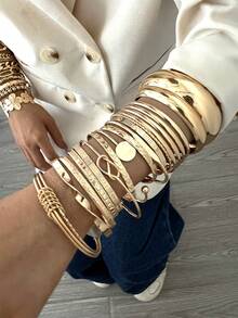 1 Set 12pcs Fashion Minimalist Elegant Exquisite Vintage Design Multi-Layer Stackable Old Money Style Geometric Ribbon Heart Face Embossed Texture Twisted Bead Cross Braided Disc Smooth Minimalist Plain Metal Bangle Bracelet Set For Holiday Vacation Party Date Gift Daily Commute Wear (Randomly Shipped) - Yellow Gold - View 2