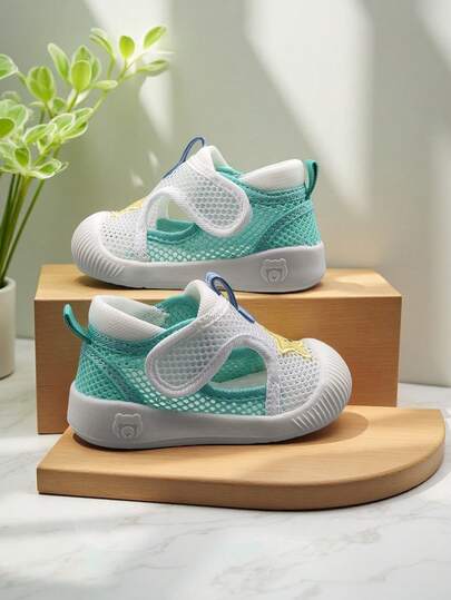 1 Pair Toddler Boys/Girls Breathable Mesh Cartoon Rainbow Cloud Hook & Loop Non-Slip Flat Casual Sports Shoes, Suitable For All Seasons