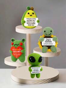 4pcs/Set Handmade Crochet Desktop Decor Ornaments, Funny 2-Legged Frog, Alien, Avocado, Sunflower, Turtle Plush Dolls, Cute Shapes, Great Gifts For Best Friends, Birthday, Sisters, Moms, Grandmas, Coworkers, Family, Keychains, Christmas, Valentine's Day, Thanksgiving, Home Decor, Small Gifts, Souvenirs - Multicolor - View 2