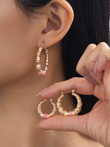 3对复古奢华粉色撞色扭纹竹节结C形耳环套装，适合日常佩戴和度假 - 彩色 - 查看 2