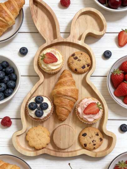 1 stuk houten dienblad in de vorm van een paashaas, serveerblad voor Pasen, paasfeestartikelen, keukenbordjes voor fruit, snacks, koffie en desserts. Glad houten oppervlak, ideaal voor verjaardagsfeestjes, vakantiefeestdecoratie, perfect voor Pasen, zelf bakken, desserts, tafeldecoratie, paascadeau.