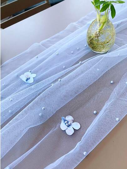 10ft Pearl Flower Valentine's Day Table Runner, 30 X 120 Inch Light Blue Boho Style Rustic Lace Table Runner, Suitable For Spring/Summer Birthday Party, Bridal Shower, Wedding Table Decor