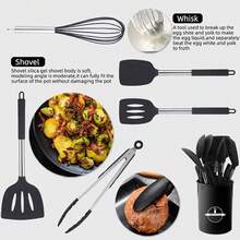 Silicone Cooking Utensil Set, 15pcs Silicone Cooking Kitchen Utensils Set, Non-Stick - Best Kitchen Cookware With Stainless Steel Handle - Black/Grey - Black - View 8