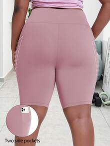 Quần yoga cỡ lớn có túi hình lưỡi liềm, quần short đạp xe co giãn mềm mại, quần short Bermuda mặc hàng ngày cho nữ, màu hồng, thích hợp cho mùa hè và thể thao. - Hồng - Xem 5