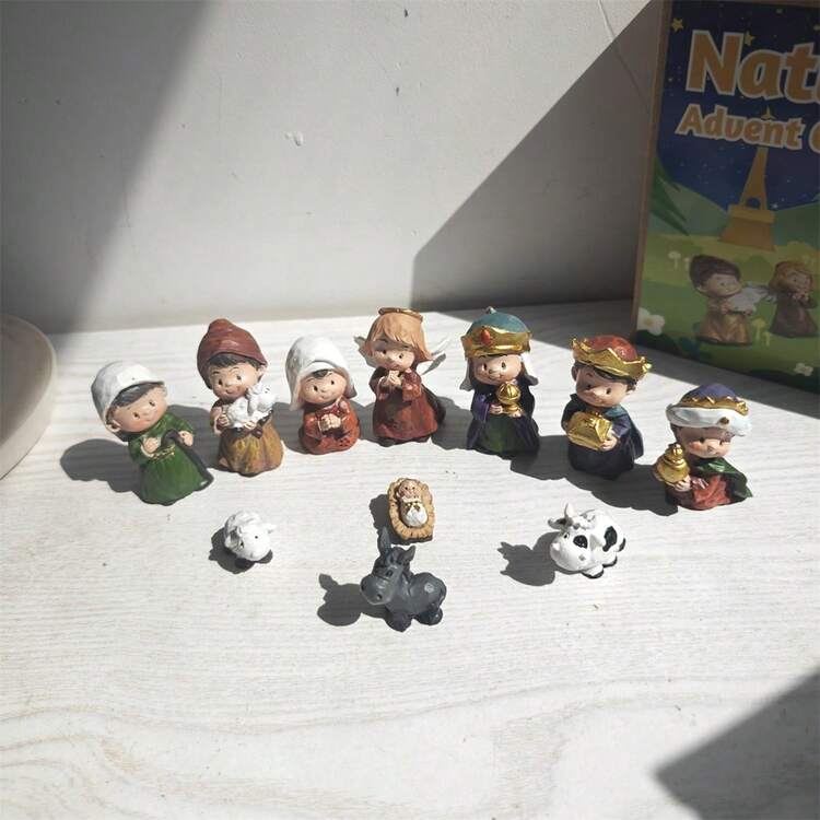Juego de 11 mini figuras de belén, decoración religiosa cristiana creativa y bonita para escritorio - Multicolor - Añade 4