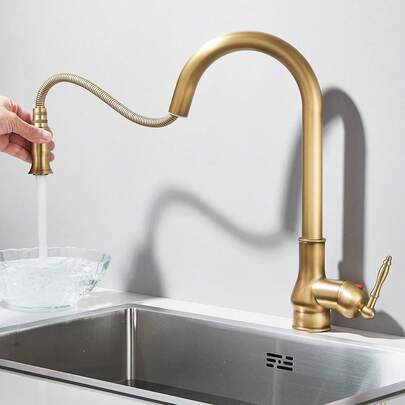 Antique Brass Kitchen Sink Mixer Taps Pull Out Head Single Lever Tap Mono Faucet