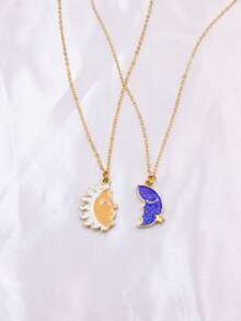 2件套锌合金油滴日月吊坠项链套装，适合作为节日礼物 - 彩色 - 查看 3