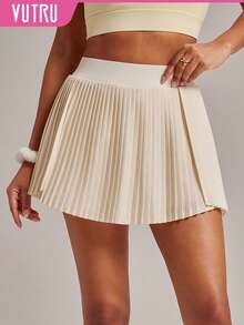 VUTRU 高腰百褶运动裙 二合一防闪光网球高尔夫裙 - 奶油白 - 查看 3
