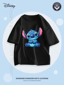 Disney [Officially Licensed By ] 'Lilo & Stitch' Stitch Printed Cotton T-Shirt Children's Short-Sleeve T-Shirt, Cartoon Print Top For Boys And Girls, Casual Sports Crew Neck Short-Sleeve Cotton T-Shirt, Machine Washable, Comfortable, Cool, Durable Knitted Gift - Black - View 1