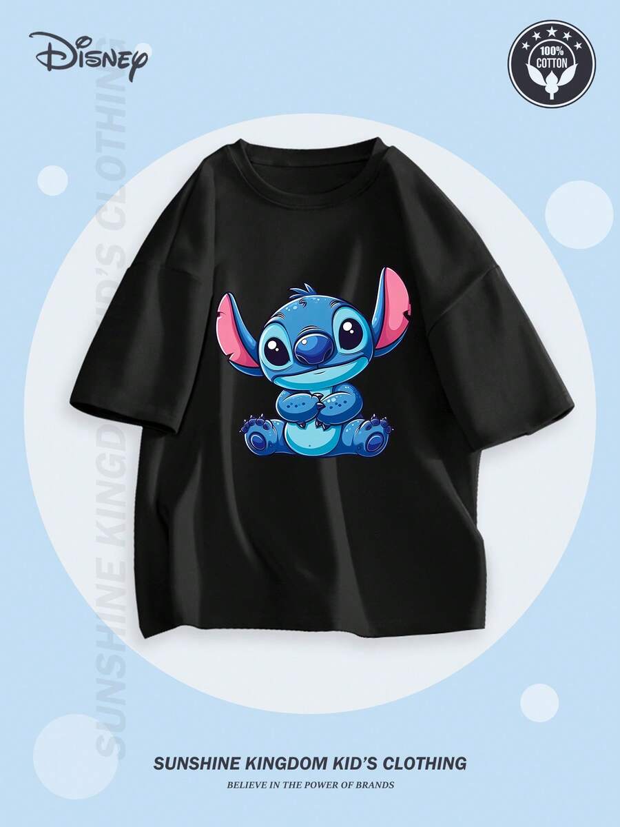 Disney [Officially Licensed By ] 'Lilo & Stitch' Stitch Printed Cotton T-Shirt Children's Short-Sleeve T-Shirt, Cartoon Print Top For Boys And Girls, Casual Sports Crew Neck Short-Sleeve Cotton T-Shirt, Machine Washable, Comfortable, Cool, Durable Knitted Gift - Black - View 1