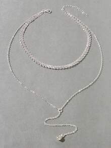 1 pieza Collar con colgante de cadena plateada en capas para fiesta, uso diario y escuela - Plateado - Ver 3