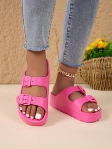 新款时尚厚底增高EVA防滑通勤稳定柔软舒适轻便女式凉鞋，可调节双绑带，高端沙滩派对度假休闲减震拖鞋 - 玫紅色 - 查看 10