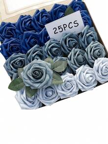 Floroom仿真花，7/12/17/22/27枝，逼真淡玫瑰色泡沫仿真玫瑰带茎，适用于DIY婚礼花束、新娘送礼会中心装饰、花艺布置、派对餐桌、家居装饰（OPP袋包装，无包装盒）、情人节、生日、毕业礼物 - 藍色 - 查看 1