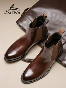 Salkin Vintage Designer Men's Chelsea Boots, Pull-On Style, Pointed Toe Design, Luxury Mid-Calf Ankle Boots, Men's Soft Genuine Leather Boots, Gentleman Business Formal Shoes, Casual Office Party Shoes, Couple's Romantic Dinner Date Gift, Back To School Student Shoes, Collegiate Style, Suggest Sizing Up One Size - Brown - View 5