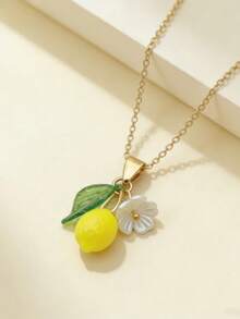 1pc Refreshing & Cute Resin Lemon Flower Pendant Necklace, Sweet Jewelry Gift For Women's Daily Wear - Yellow - View 6