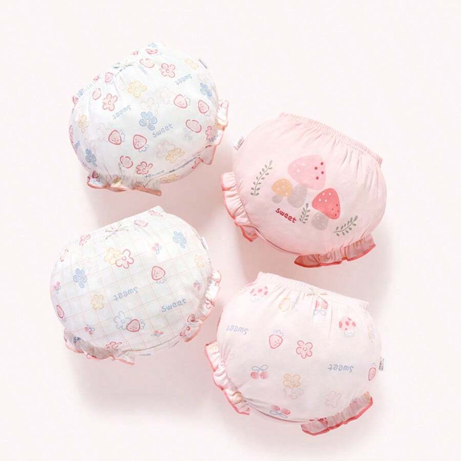 4 Stücke/Packung Baby Mädchen Baumwolle Süß Muster Atmungsaktiv Dreieck Höschen - Pink - Übersicht 1