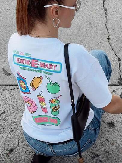 Kwik-E-Mart 女士常规版型复古卡通图案T恤，舒适美观的粉色甜甜圈短袖上衣，独特的圆领设计，趣味十足，充满Pinterest风格的酷女孩穿搭