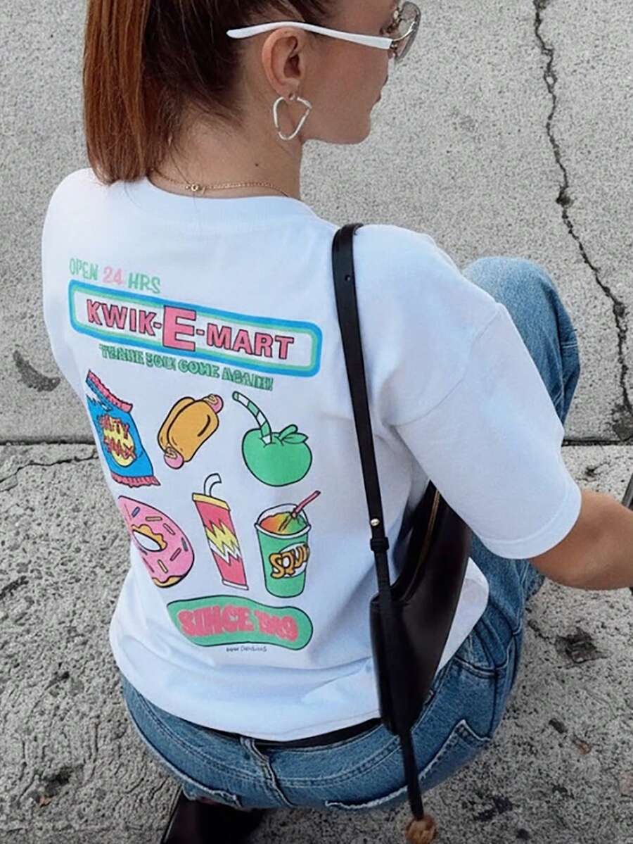 Kwik-E-Mart 女士常规版型复古卡通图案T恤，舒适美观的粉色甜甜圈短袖上衣，独特的圆领设计，趣味十足，充满Pinterest风格，酷女孩休闲白色夏季款 - 白色 - 查看 1