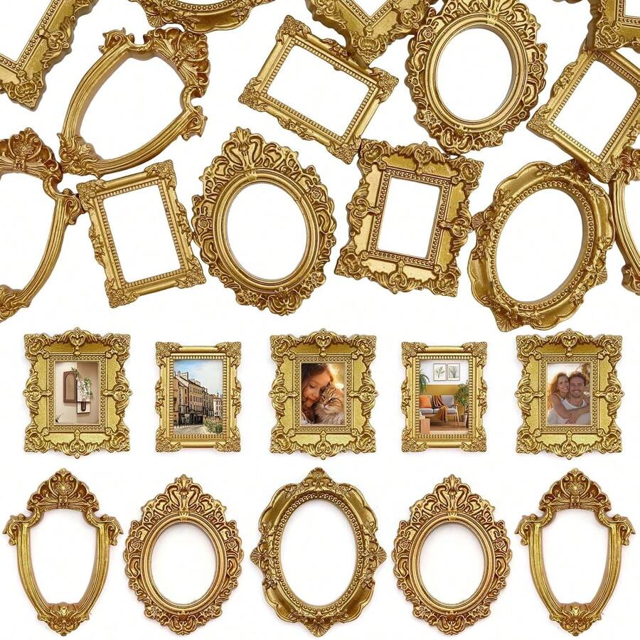 15pcs Mini Vintage Photo Frames, Small Resin Antique-Style Frames, Small Gold-Tone Frames Suitable For DIY Wall Hanging, Jewelry Display, Photography, Party, Hotel, Home Decor (Mini Frame A) - 15 pcs - View 1