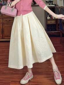 [Y6Y] Women's A-Line Woven Fabric Skirt, Casual Cute Elegant Daily Wear, Non-Stretch Flowy Mid-Length Skirt - Light Yellow - View 3