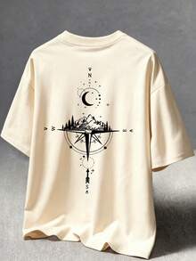 T-shirt à manches courtes pour garçons avec imprimé boussole, lune et montagne. Coupe ample et confortable, respirante. Tenue décontracté polyvalente pour les garçons en été - Nude - Voir 1