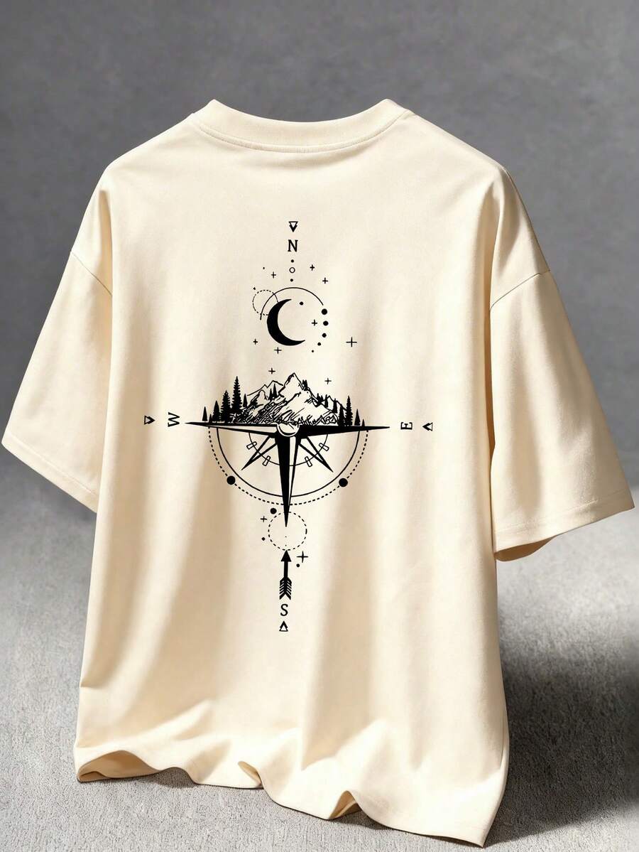 T-shirt à manches courtes pour garçons avec imprimé boussole, lune et montagne. Coupe ample et confortable, respirante. Tenue décontracté polyvalente pour les garçons en été - Nude - Voir 1