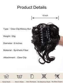 女士凌乱发髻发夹，蓬松高马尾合成卷发发髻接发片，带发夹 - 黑色 - 查看 3
