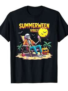 Summerween Vibes Skeleton Pumpkin Spooky Vacation T-Shirt - Black - View 1