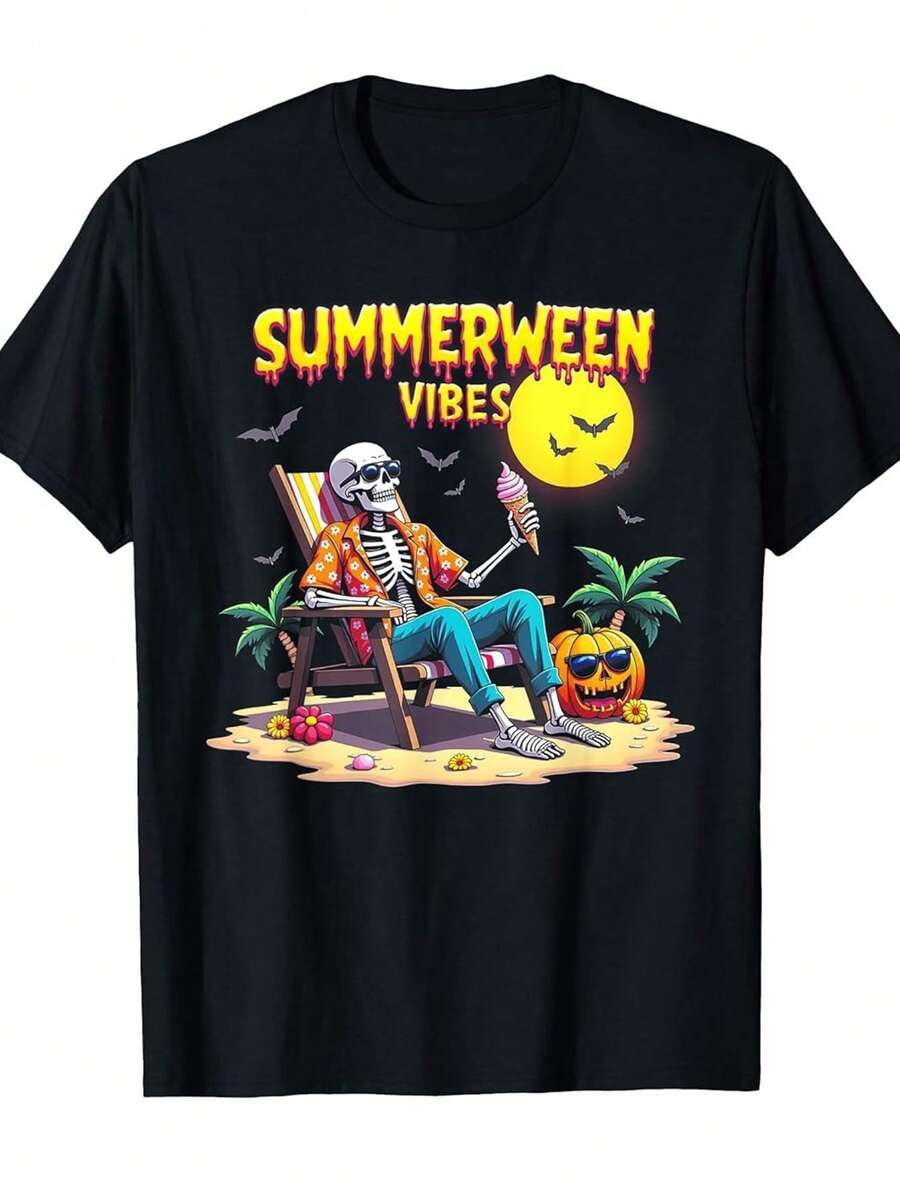 Summerween Vibes Skeleton Pumpkin Spooky Vacation T-Shirt - Black - View 1