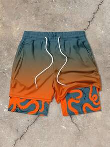 Men's Octopus Print Double-Layer Beach Shorts, Casual Summer Holiday Style - Multicolor - View 3